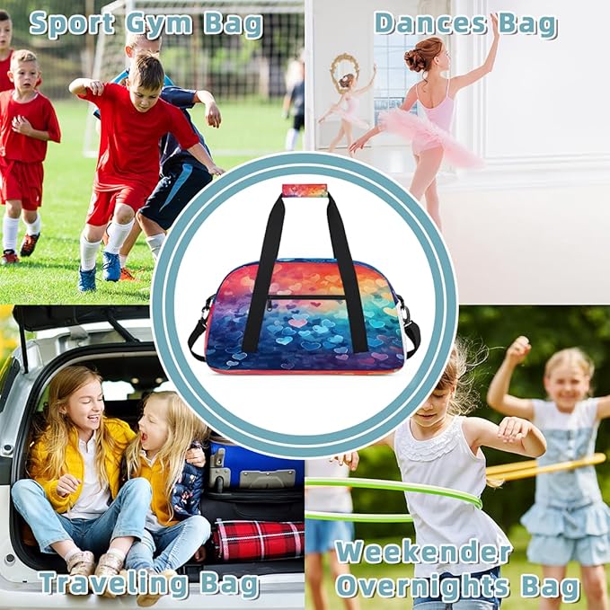 Duffle Bag for Women Men, Rainbow Gradient Hearts Gym Bag for Travel Sports, Lightweight Waterproof Weekender Overnight Bags with Adjustable Strap