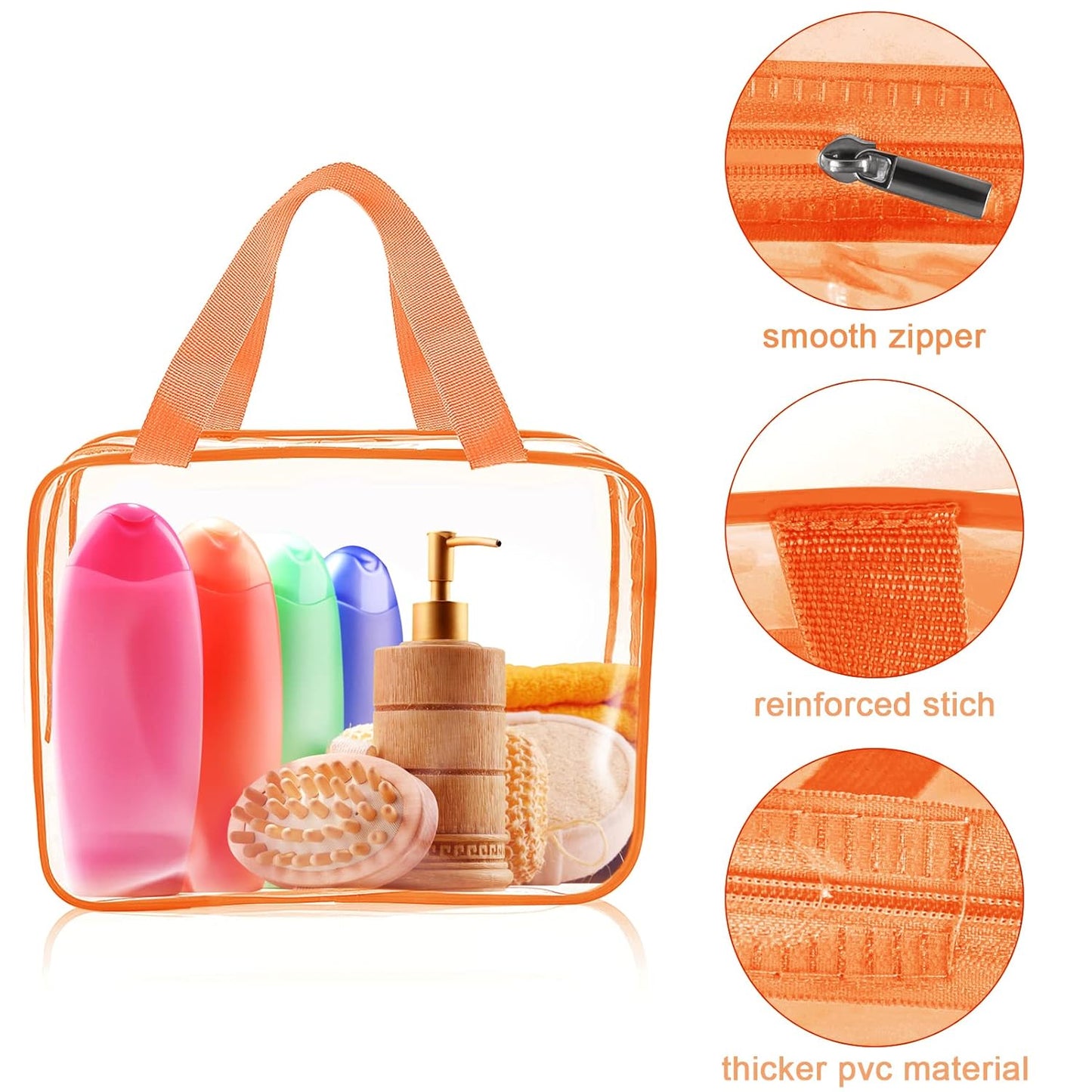 APREUTY Clear Makeup Bags, TSA Approved 6 Pcs Cosmetic Makeup Bags Set Clear PVC with Zipper Handle Portable Travel Luggage Pouch Airport Airline Vacation Organization (Orange)