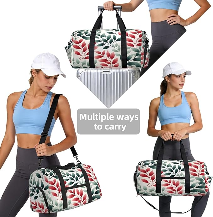Sports Gym Bag Red Green Leaves Travel Duffel Bag With Shoe Compartment Shoulder Strap, Lightweight Water-Resistant Weekend Overnight Totes For Women Men