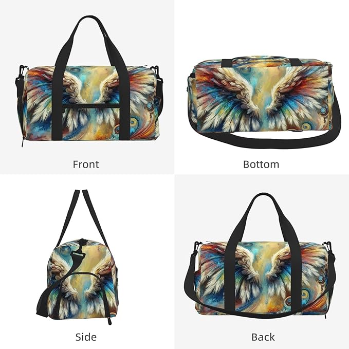 Abstract Angel Wings Print Gym Bag with Shoe Compartment for Women Men, 17.7in Sports Duffle Weekender Tote, Overnight Travel Duffel Bag Carry On