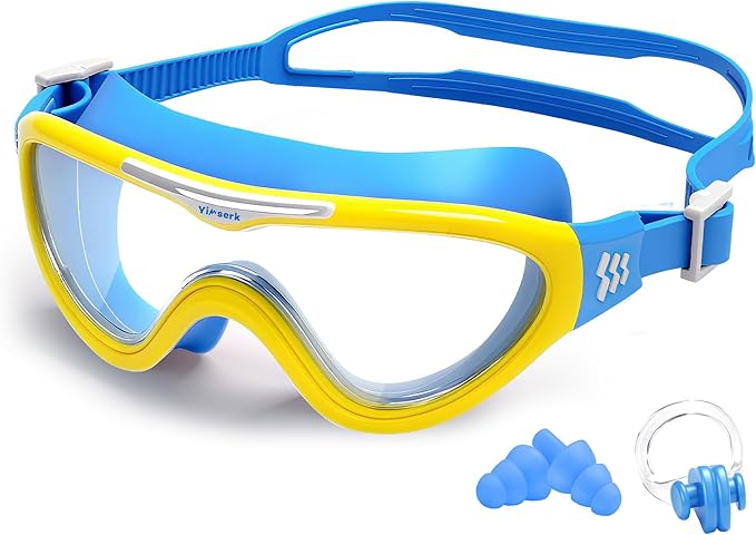 Kids Swim Goggles for Kids 6-14, Anti-Fog & UV400 Lens, Comfortable Silicone Design, Includes Nose Clip & Earplugs