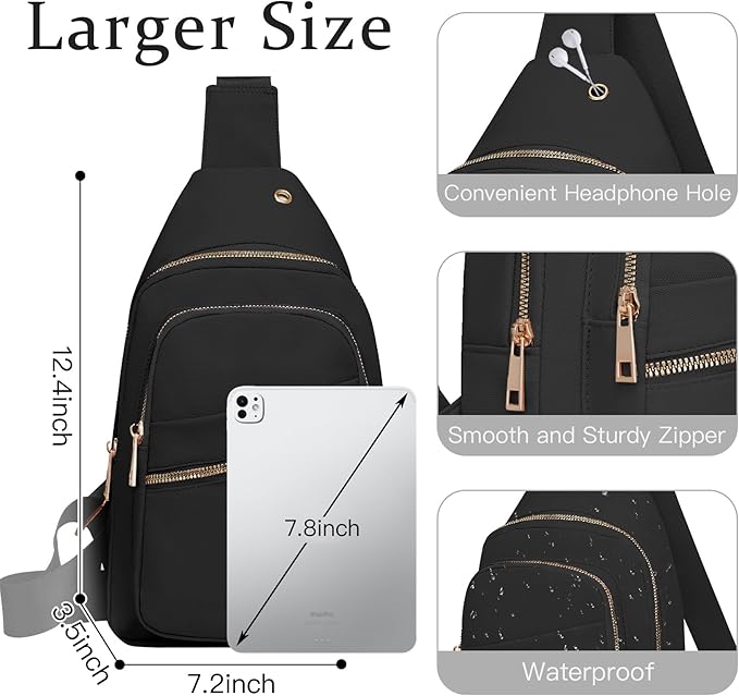 Small RFID Waterproof Travel Crossbody Sling Bags for Women Men, Black Hands Free Lightweight Sling Backpack Chest Bag Daypack for Outdoors Hiking Traveling Fitness Daily Commuting Shopping