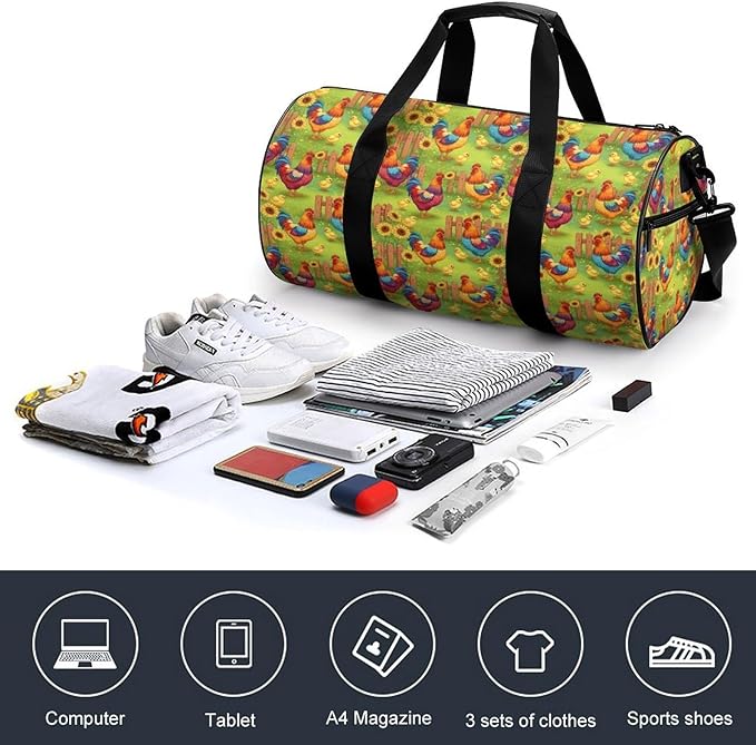 Large Capacity Carry On Weekender Overnight Bag Rooster Chicken Garden Flowers Painting Beach Swim Bags Men Women Duffle Bag for Travel, Sports