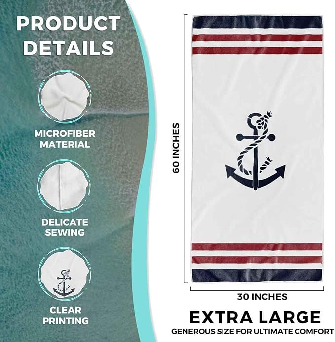 Nautical Anchor Beach Towel, Coastal Beach Nautical Oversized Bath Swim Pool Towels for Bathroom Swimming Pool Travel Camping Picnic, Boat Gifts for Boat Owners Sailors, 30x60 Inches