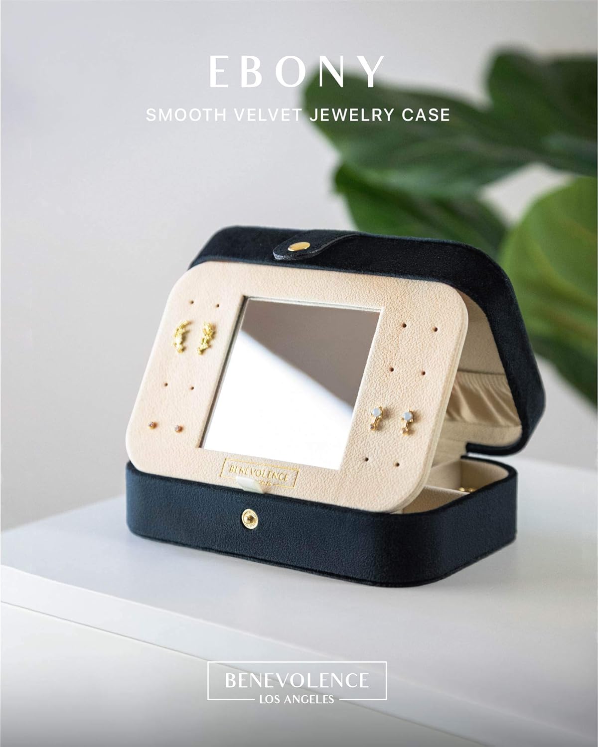 Benevolence LA Plush Velvet Travel Jewelry Storage Box | Earring Organizer with Mirror | Small Case for Women's Accessories | Gift for Mom, Sister, Girlfriend - Ebony