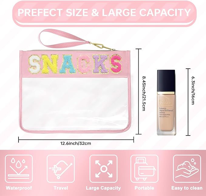 Snack Bags Clear Pouch Travel Makeup Bag Chenille Letter Bags for Zipper Pouch Clear Cosmetic Bag Clearly Tote Bag Makeup Travel Bags for Women