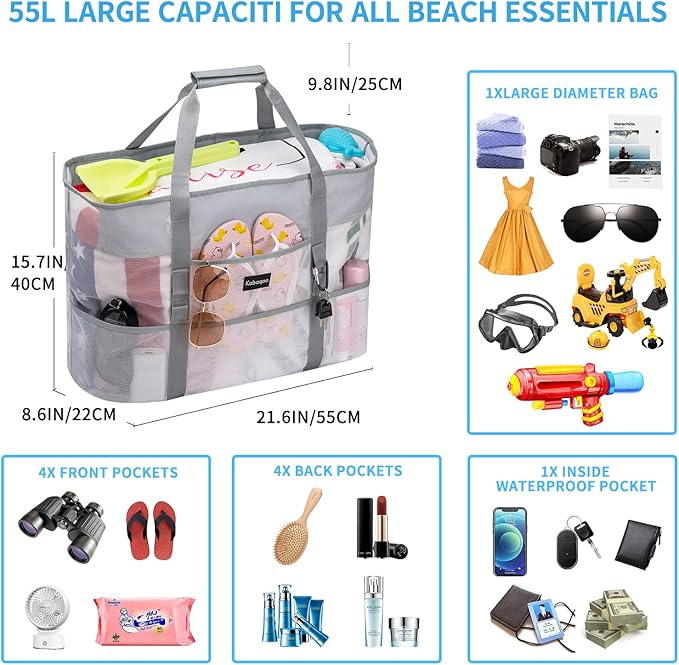 KABAQOO Mesh Beach Bag, Extra Large Beach Bags with 9 Pockets & Zipper Waterproof Lightweight Beach Tote for Beach/Pool Trip | Extra Large, 9 Pockets, Zipper, Waterproof, Lightweight, Beach/Pool Trip