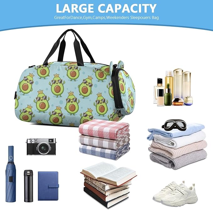 Cartoon Avocado Sunglasses Blue Pattern Kids Sports Duffle Bag for Boys Girls Toddler Weekender Overnight Bag with Shoe Compartment & Wet Pocket Kids Travel Bag for Travel Gym Sport Dance