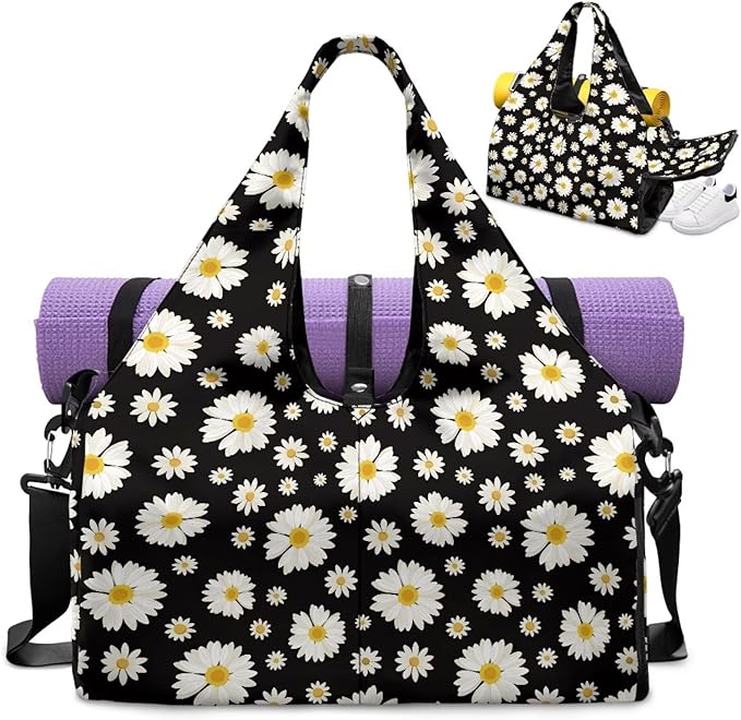 Daisy Flower Sports Gym Duffle Bag with Shoes Compartment Large Personal Item Travel Bag Beach Swim Overnight Weekender Duffel Carry On Bags, Black