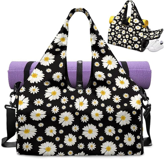 Daisy Flower Sports Gym Duffle Bag with Shoes Compartment Large Personal Item Travel Bag Beach Swim Overnight Weekender Duffel Carry On Bags, Black