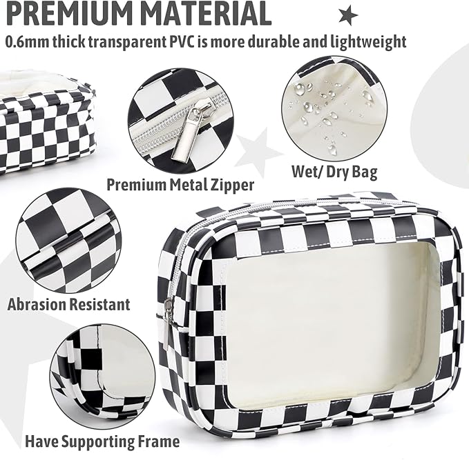 3PCS Clear Toiletry Bag,TSA Approved Travel Makeup Pouch with Zipper for Cosmetics and Toiletries，Diaper Bag Organizer Pouch Set,Women's Purse Organizer and Clear Car Bag