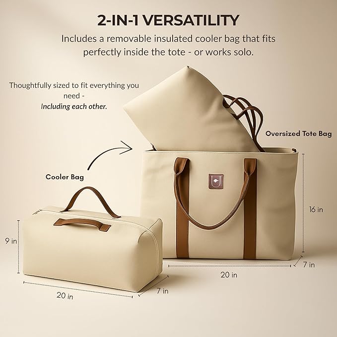 2-in-1 Oversized Beach Bag Tote with Removable Cooler – Canvas Travel Bag for Women – Waterproof, Sand-Resistant, Stylish & Durable – Ideal for Family Vacations or Gifts