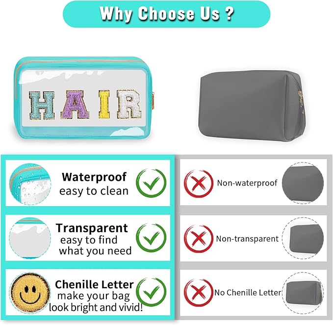 2 Pack Chenille Letter Clear Makeup Bags Face Hair Pouch, Preppy Patch Travel Face Bag Pink Clear Pouches With Zipper, Travel Hair Bags for Hair Stuff Waterproof Cosmetic Toiletry Storage(HAIR+FACE)