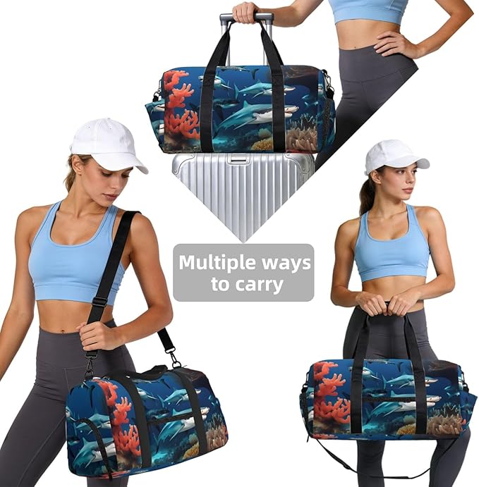 Submarine shark coral Print Gym Bag with Shoe Compartment for Women Men, 17.7in Sports Duffle Weekender Tote, Overnight Travel Duffel Bag Carry On