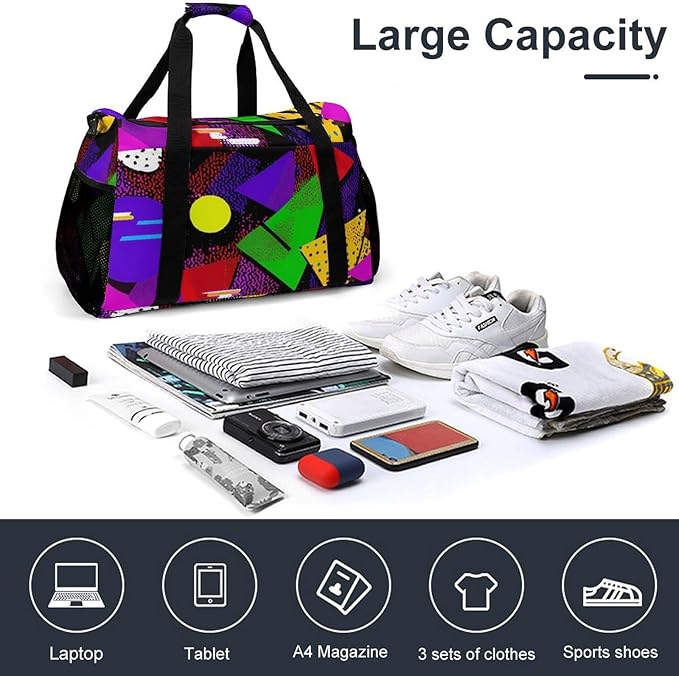 80s Triangles Circles Duffle Bag Gym Bag for Workout Travel Tote with Detachable Straps