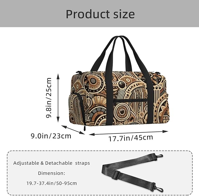 African Tribal Print Gym Bag with Shoe Compartment for Women Men, 17.7in Sports Duffle Weekender Tote, Overnight Travel Duffel Bag Carry On