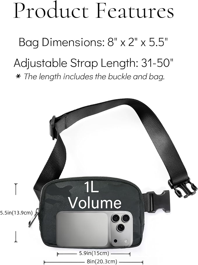 Fanny Pack Crossbody Bag Trendy Waterproof Small Sling Cross Body Purse for Women Men Fashion Waist Packs Mini Belt Bag Pouch Chest Bum Bag Lulu Dupes for Travel Vacation Running Black Camo