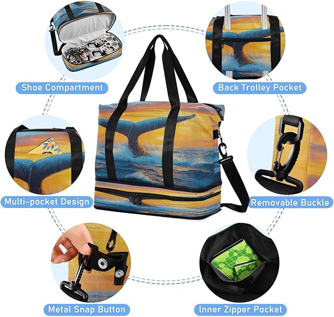 Travel Duffel Bags for Women Blue Whale Tail Ocean Sunset Sports Duffel Bags Gym Bags with Shoes Compartment Tote Bag Weekender Bag for Travelling
