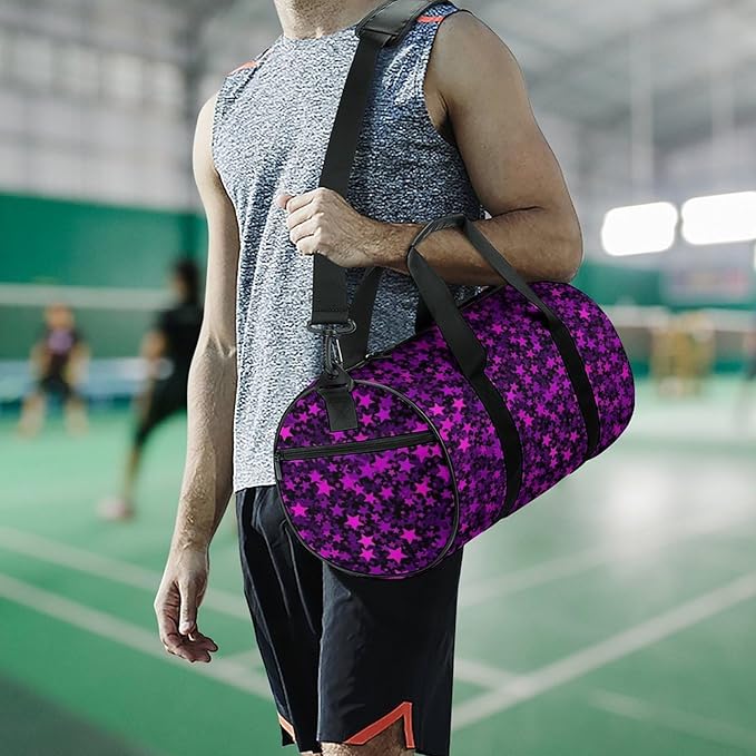 Foldable Gym Travel Bag Basketball Football Weekender Bag Carry on Beach Yoga Overnight Luggage Bags (Purple Star)