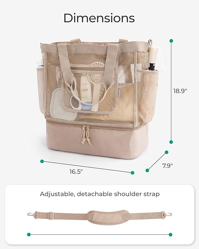 BAGSMART Beach Bag for Women, Mesh Tote Bags with Zipper, Sandproof Vacation Essentials with Cooler for Swim Cruise Pool