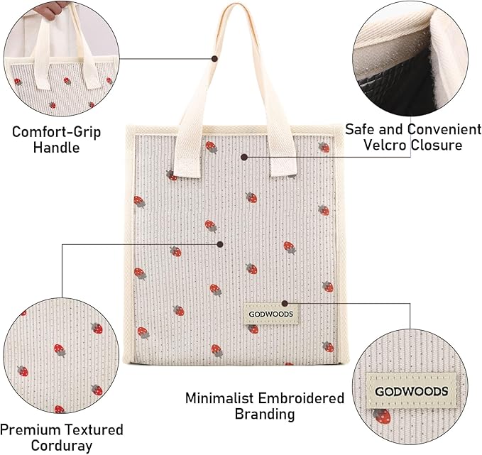 TELLUMO Corduroy Lunch Bag for Women Men Cute Lunch Bag Insulated Lunch Box with Large Capacity (7.5L) Reusable Lunchbag for Work, Picnic, Beach or Travel (S- Corduroy Strawberry)