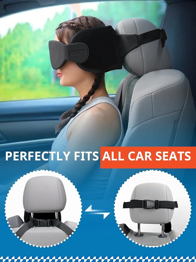 Travel Pillow, Car Travel Pillow with 3D Eye Mask for Sleep, 360° Head Support Strap for All Car Seat, Road Trip Essentials, Stop Bobblehead, Black