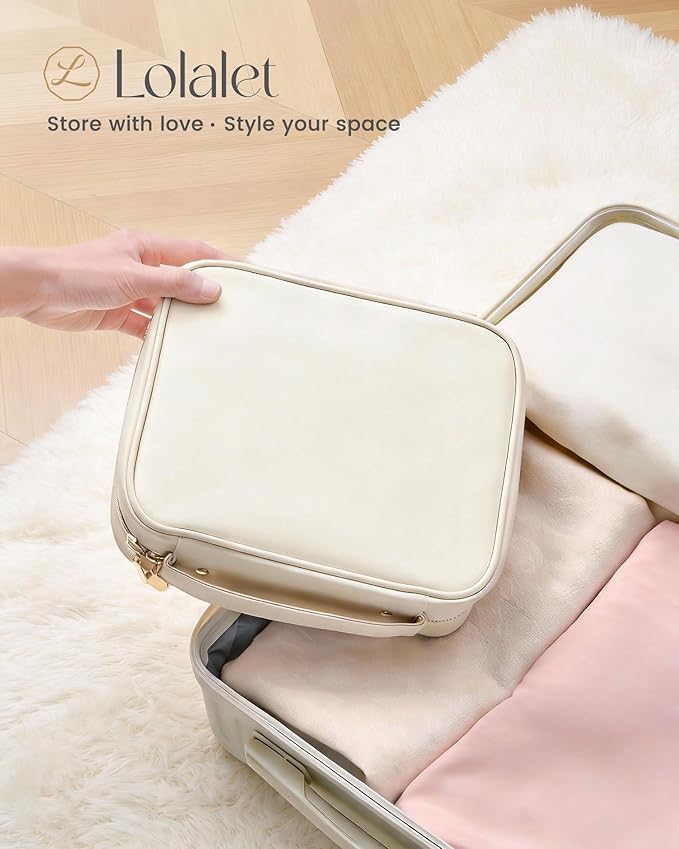 Lolalet Travel Jewelry Organizer Case, Large Jewelry Binder Book with Individual Pouches, Portable Leather Zippered Bag for Jewelry Storage of Earring, Ring & Necklace for Girls, Women -Beige