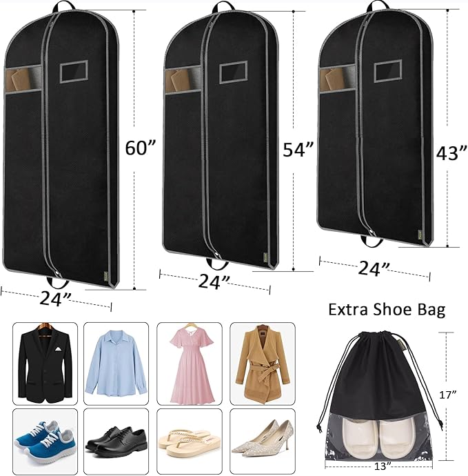 BALEINE 5PK Heavy Duty Garment Bag with Shoe Storage Travel Bag for Dresses, Suit, Coats Travel Essential (60", Black)