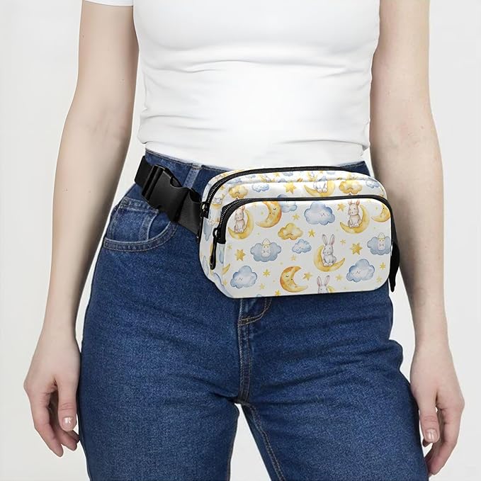 Kawaii Bunnies Cloud Moon Fanny Pack for Women Men Water Resistant Fashion Waist Packs with Adjustable Strap Belt Bag for Travel Workout Jogging Hiking 21219461