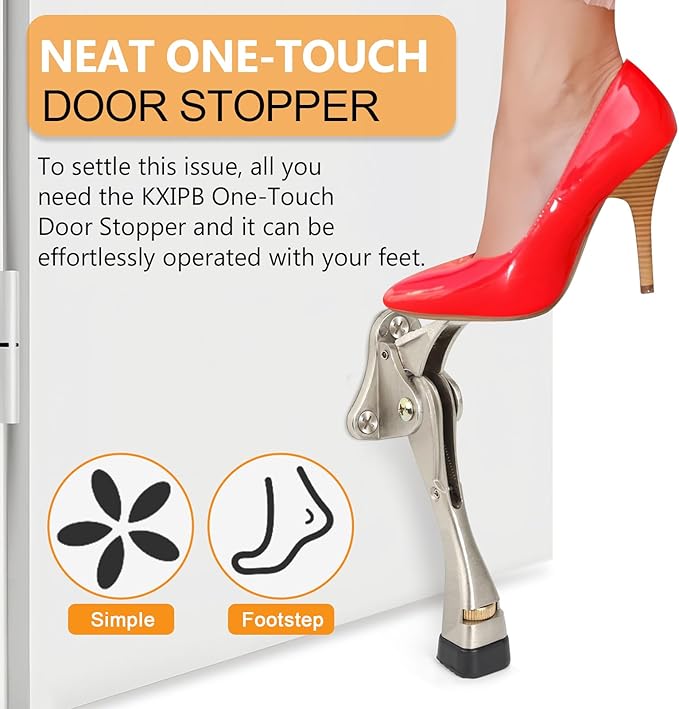 Kickdown Door Stopper 4 Inches - 2 Packs One Touch Adjustable Height Door Stop for The Bottom of Door Aluminum Alloy Metal Door Stopper with Rubber Tip & Wall Protectors for Wide Doors Nicke