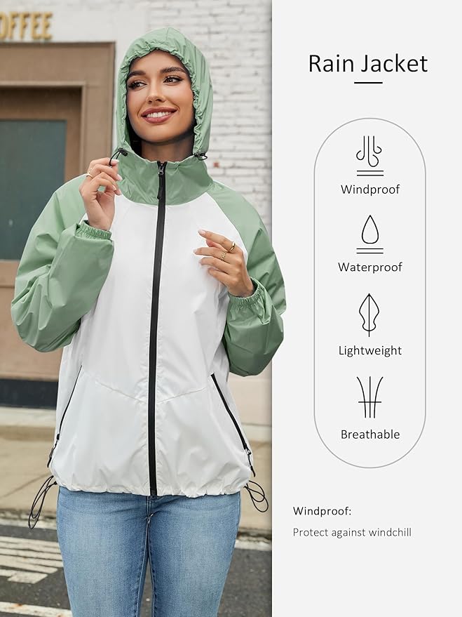 PITINAN Lightweight Rain Jacket Women Packable Wind Breaker Light Rain Jacket Women Waterproof Travel Raincoat S-XXL