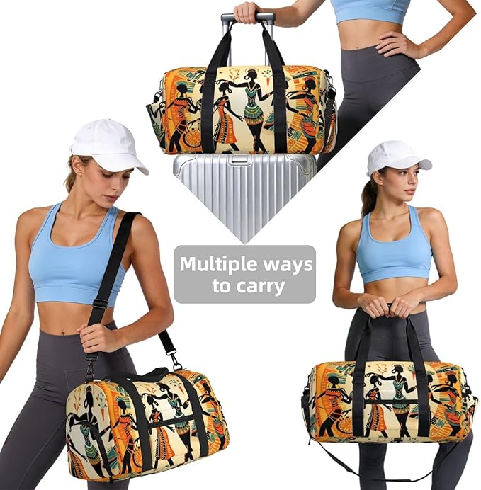 Sports Gym Bag Dancing African Women Ethnic Pattern Travel Duffel Bag With Shoe Compartment Shoulder Strap, Lightweight Water-Resistant Weekend Overnight Totes For Women Men