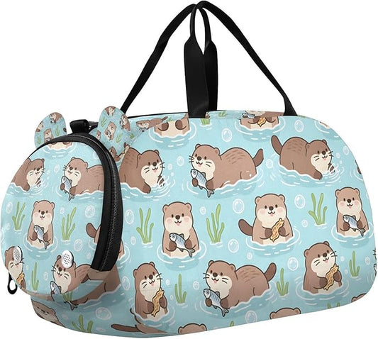 Cute Otters Kids Duffle Bag, Overnight Travel Sport Gym Bags with Shoe Compartment for Boys & Girls