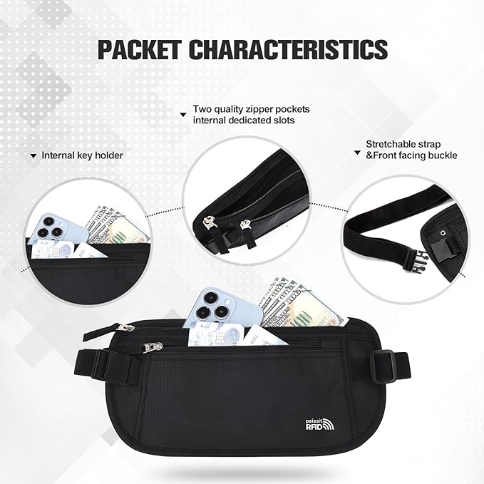 Unisex Money Belt For Men and Women, Slim Passport Holder RFID Blocking Travel Essentials Pouch with Adjustable Strap Small Waist Pouch for Workout Running Travelling Hiking, Black & Light Grey