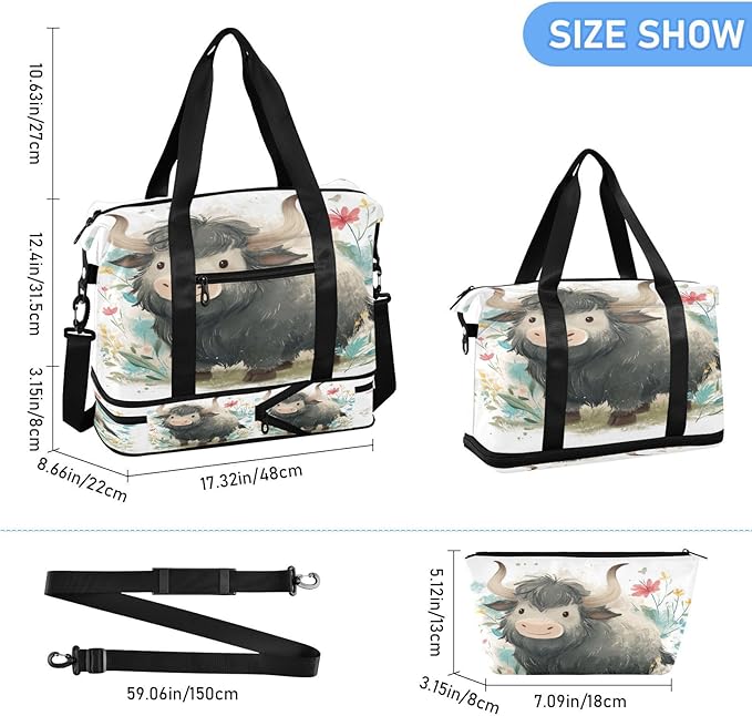Travel Duffel Bags for Women Cute Gray Yak with Wildflowers Sports Duffel Bags Gym Bags with Shoes Compartment Tote Bag Weekender Bag for Travelling