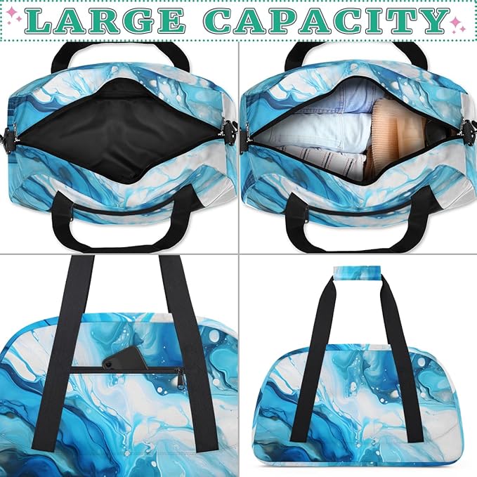 Blue White Fluid Gym Travel Duffle Bag for Women & Men with Front Zipper Pocket for Sports, Overnight, Weekender, Carry On,Workout & Dance Bag,Marble Fluid,18.9 * 8.7 * 10.6 in