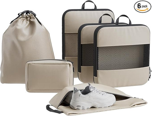 Compression Packing Cubes for Travel,6-Piece Travel Luggage Organizers with Breathable Mesh, Storage Bags for Clothes, Essential Travel Accessories, Beige