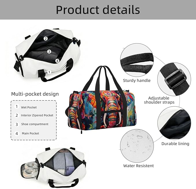 Sports Gym Bag Oil Painting Art Elephant Print Travel Duffel Bag With Shoe Compartment Shoulder Strap, Lightweight Water-Resistant Weekend Overnight Totes For Women Men