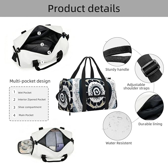 Black White Round Totem Print Gym Bag with Shoe Compartment for Women Men, 17.7in Sports Duffle Weekender Tote, Overnight Travel Duffel Bag Carry On
