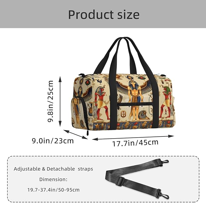 Sports Gym Bag Retro Egyptian Symbols Travel Duffel Bag With Shoe Compartment Shoulder Strap, Lightweight Water-Resistant Weekend Overnight Totes For Women Men