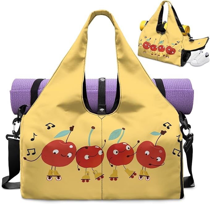 Cute Cherry Print Duffel Bag Women that Holds Yoga Mat and Shoe Compartment Portable Lightweight Waterproof Yellow Gym Bag, Fitness Workout Stylish Workout Bag