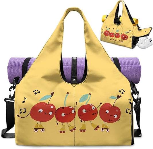 Cute Cherry Print Duffel Bag Women that Holds Yoga Mat and Shoe Compartment Portable Lightweight Waterproof Yellow Gym Bag, Fitness Workout Stylish Workout Bag