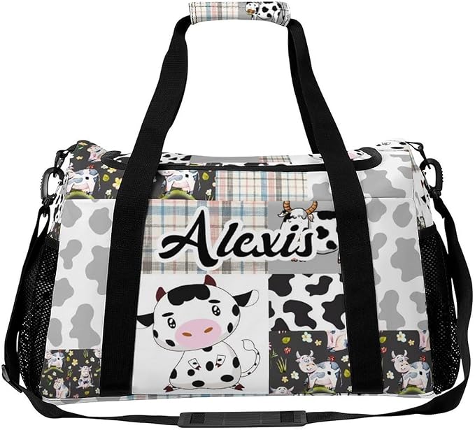 Personalized Name Sports Player Duffel Bags with Adjustable Shoulder Strap for Shoes Silver Gray Patchwork Cow Pattern Handheld Crossbody Travel Bag