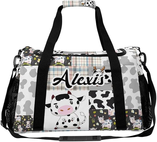 Personalized Name Sports Player Duffel Bags with Adjustable Shoulder Strap for Shoes Silver Gray Patchwork Cow Pattern Handheld Crossbody Travel Bag