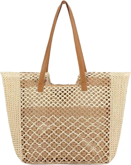 Womens Straw Beach Bag - Summer Woven Handbag Shoulder Tote Bag for Vacation, Travel