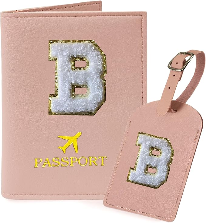 COSHAYSOO Initial Passport Cover and Luggage Tag Set with Chenille Letter Patch for Women Teenage Girls, 2 Pcs Double Passport Holder Best Bag Suitcase Identifier Pink B
