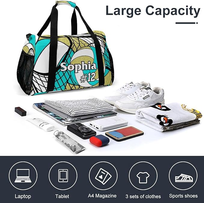 Custom Volleyball Turquoise Gold Duffel Bag with Name Personalized Travel Bags Sport Gym Bag Carry On Weekender Bags for Men Women