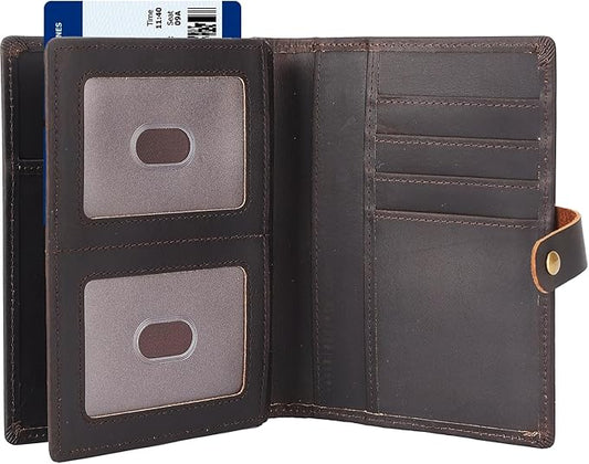 STAR VISTA Cosimo Leather Passport Holder for Exquisite Voyagers or Pilots, Transparent Windows for Travel Document & Dual IDs, RFID Blocking, 2 Passports, 2 IDs, 8 Cards, AirTag Slots, Dark Brown