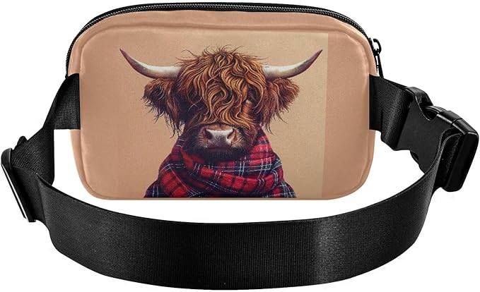 Highland Cow in A Plaid Scarf Fanny Pack for Women Men Water Resistant Fashion Waist Packs with Adjustable Strap Belt Bag for Travel Workout Jogging Hiking 21218650