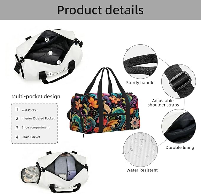 Sports Gym Bag Colorful Paisley Flower Floral Patten Travel Duffel Bag With Shoe Compartment Shoulder Strap, Lightweight Water-Resistant Weekend Overnight Totes For Women Men
